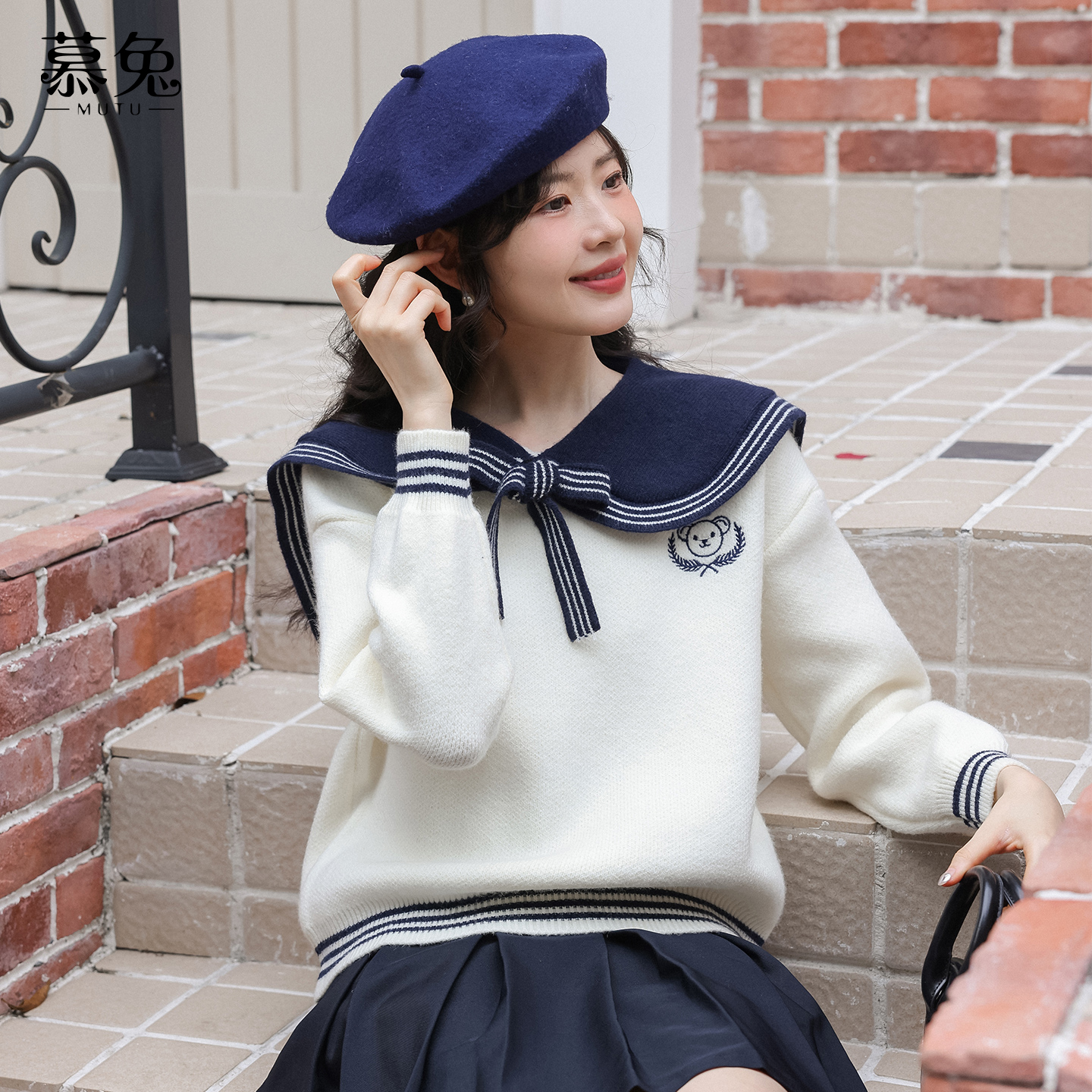慕兔学院风海军领针织毛衣