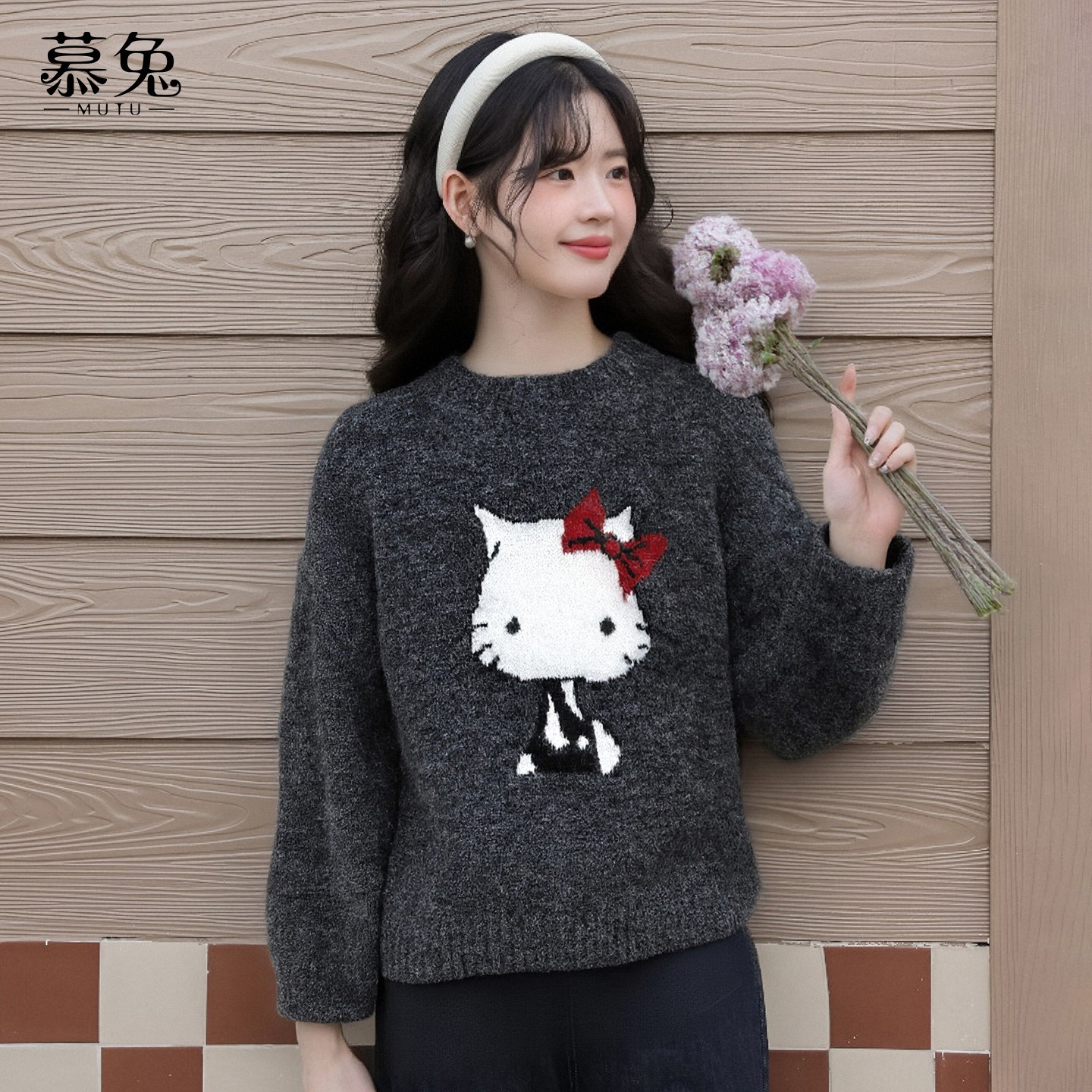 慕兔甜美卡通猫咪圆领毛衣