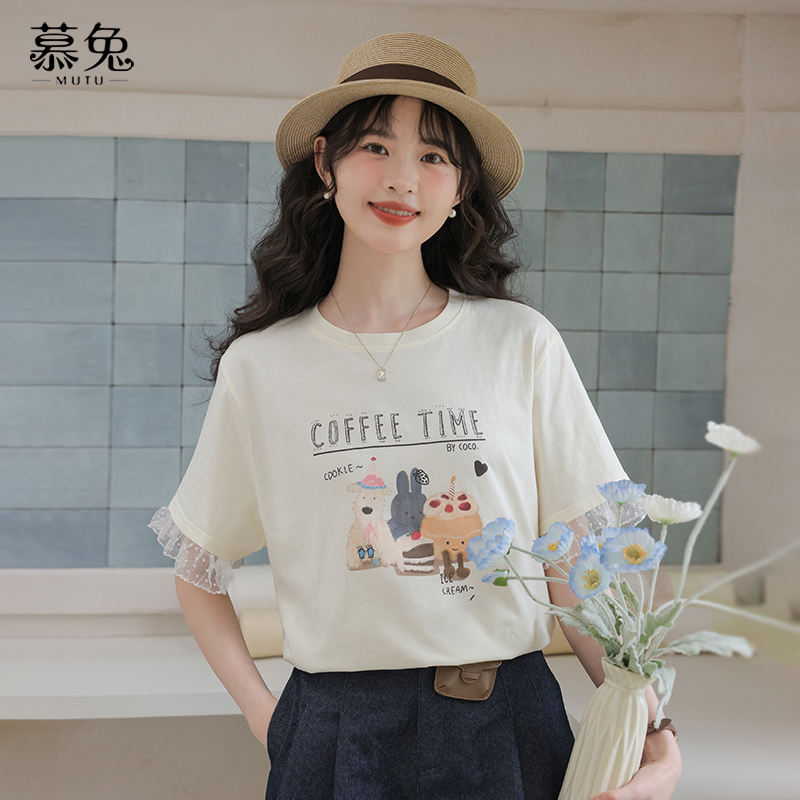 慕兔法式甜美蕾丝拼接短袖t恤