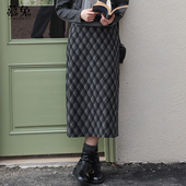 高腰显瘦中长款 慕兔复古气质格子半身裙女2026春季 新款 开叉a字裙