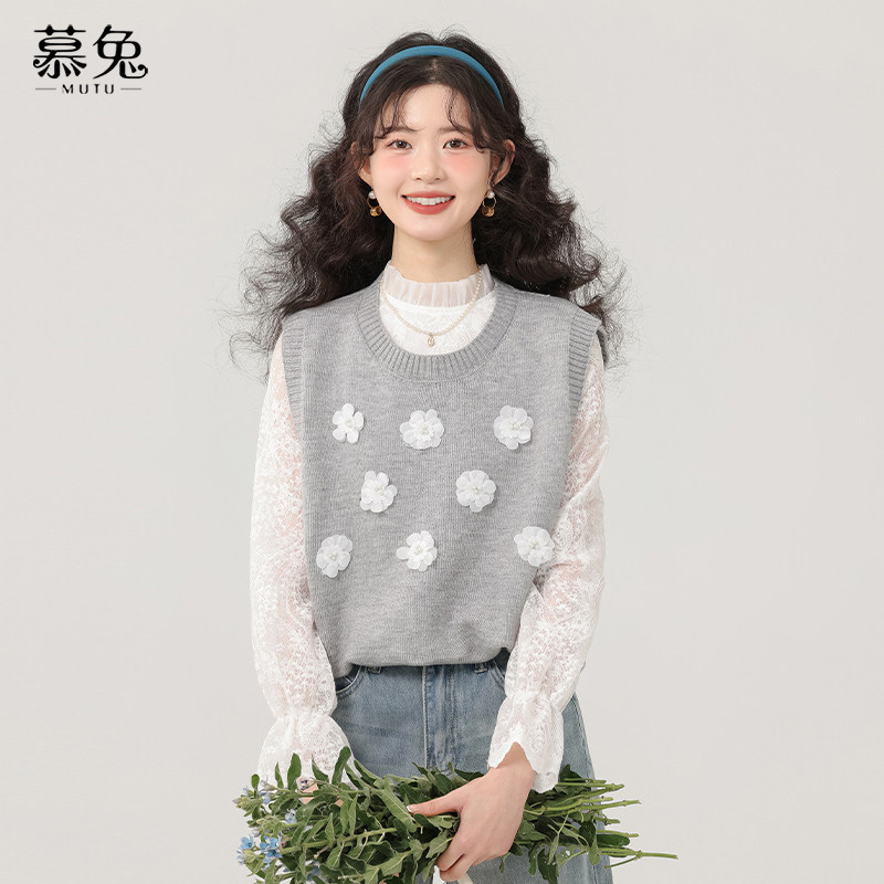 慕兔甜美立体花朵马甲背心女2026春季新款小香风蕾丝打底衫两件套,女装/女士精品,马夹,淘宝优惠券,粉丝福利购,淘宝优惠卷
