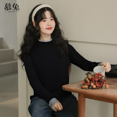 慕兔韩系拼接假两件长袖t恤