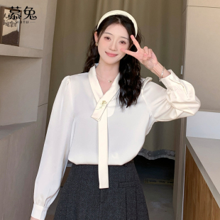 新款 慕兔法式 女2025秋季 衬衫 气质设计感小众雪纺上衣 轻熟V领长袖