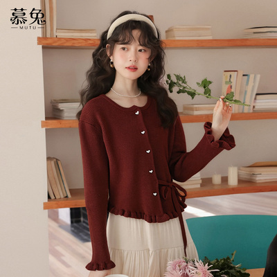 慕兔复古红色木耳边针织开衫
