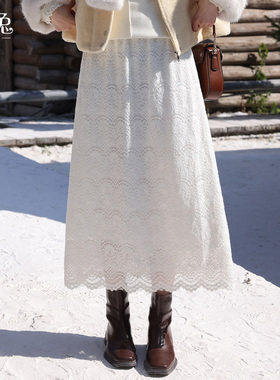 慕兔温柔风镂空蕾丝半身裙女2025冬季新款高腰显瘦中长款a字裙子