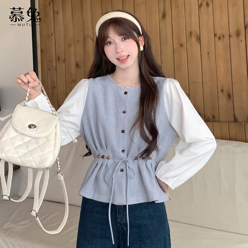 慕兔法式气质假两件长袖衬衫