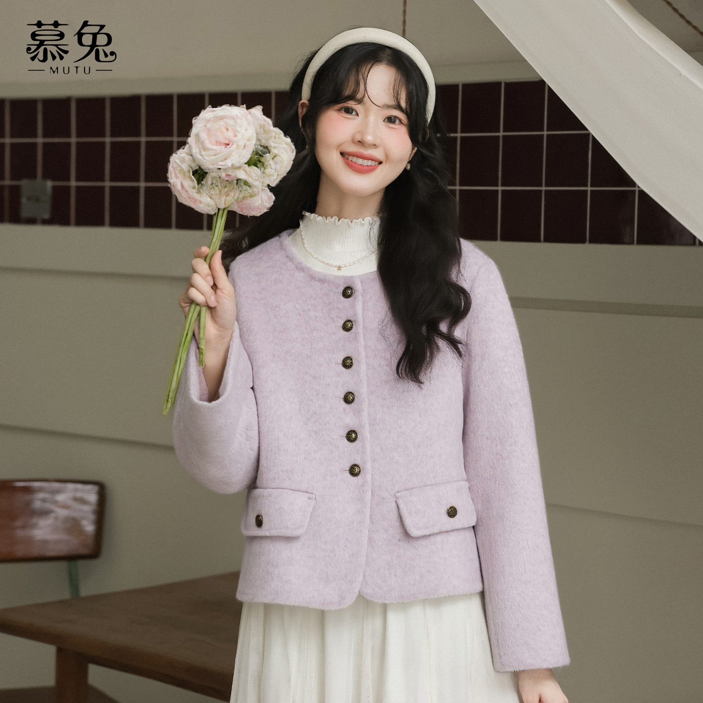 慕兔法式名媛毛呢短款外套