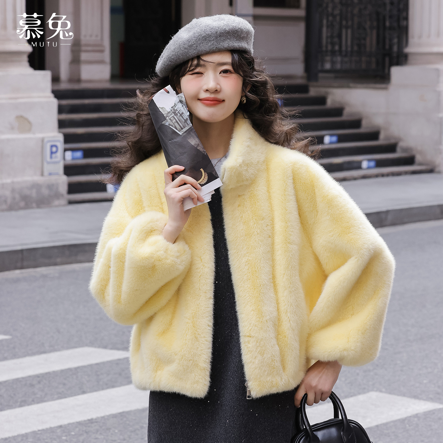 慕兔奶呼呼黄色仿水貂毛外套