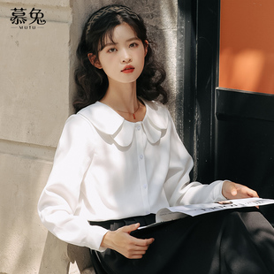 设计感小众长袖 慕兔法式 新款 女2025秋季 上衣 温柔系娃娃领白色衬衫