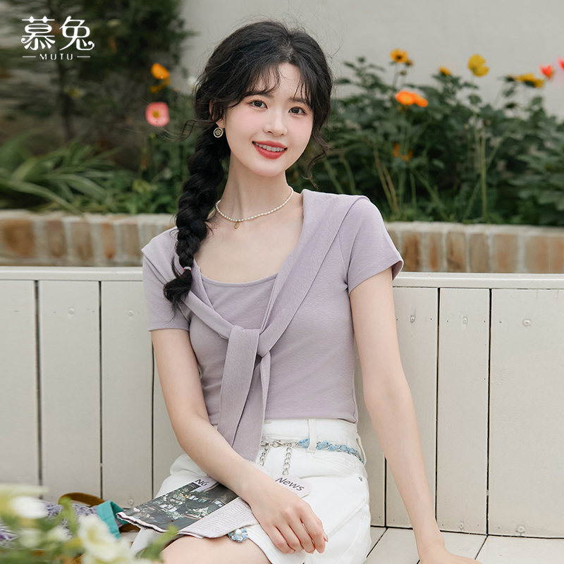 慕兔紫色假两件披肩短袖t恤