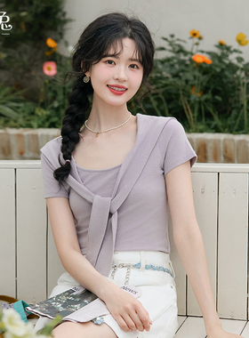 慕兔紫色假两件披肩短袖t恤女2025夏季新款修身显瘦辣妹短款上衣