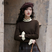 慕兔复古咖色木耳边长袖 上衣 设计感小众打底衫 t恤女2025冬季 新款