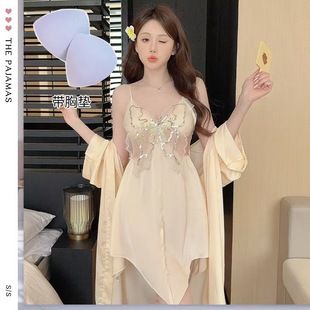 法式 带胸垫纯欲风睡裙女蝴蝶蕾丝宫廷风家居服 冰丝吊带夏季 新款