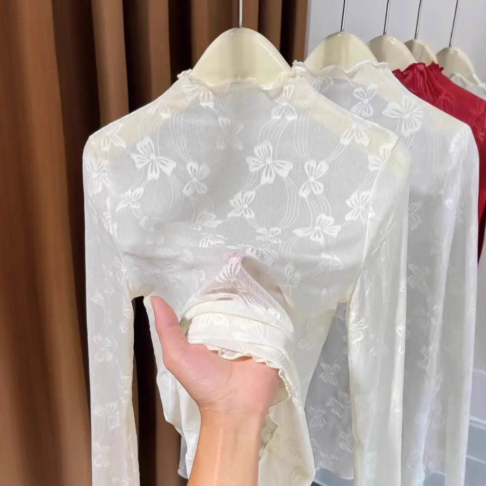 半高领蕾丝打底衫女秋冬新款木耳边高级感毛衣内搭薄纱网纱上衣女