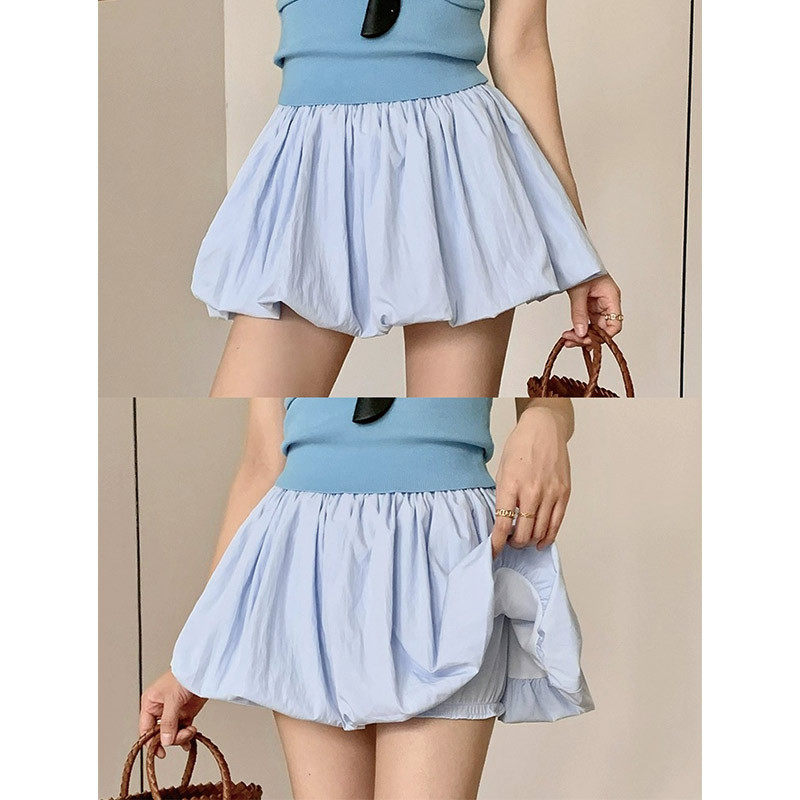 蓝色花苞裙裤女夏季薄款小个子高腰显瘦半身裙字百褶蓬蓬短裙