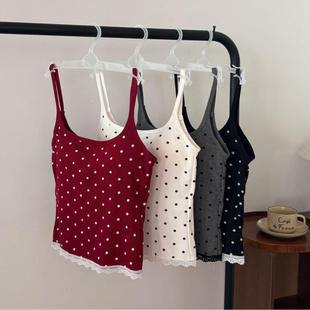 秋冬磨毛保暖吊带背心带胸垫少女风波点蕾丝上衣红色加绒内衣707