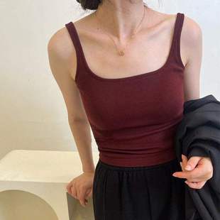秋冬磨毛螺纹小方领红色背心吊带内衣女自带胸垫内搭一体杯打底衫