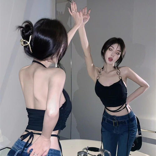 美背黑色短款链条挂脖无袖吊带小