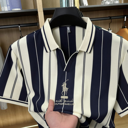 夏季男士短袖t恤衫时尚休闲新款商务POLO衫V领刺绣竖条上衣爸爸装