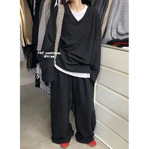 2024秋冬新款韩系慵懒风宽松v领长袖卫衣高腰阔腿裤套装两件套女