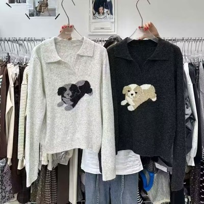 韩版polo领针织衫女套头宽松