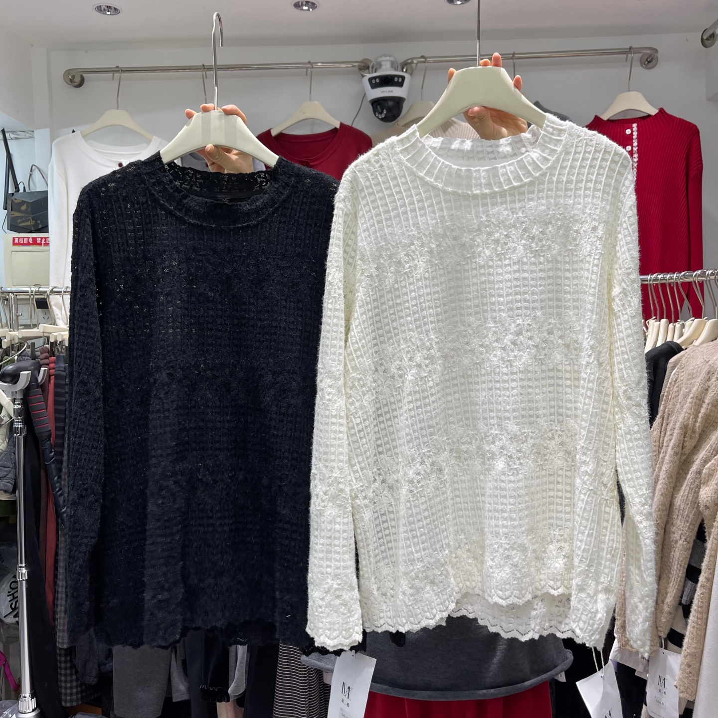 大码法式蕾丝花边镂空针织衫女