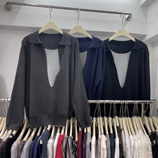 拼接假两件质感长袖 时尚 针织衫 新款 上衣 女2025秋季 欧货宽松大版