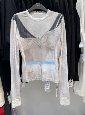 通勤风蕾丝拼接长袖T恤女2026夏季新款宽松3D印花打底衫叠穿上衣