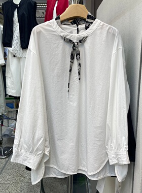 启点高级感丝巾圆领长袖白色衬衫女春季新款宽松灯笼袖娃娃衫上衣