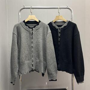 拼色假两件长袖针织开衫女2024秋冬新款宽松百搭排扣圆领毛边毛衣