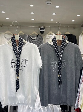 韩式小猫刺绣圆领短袖针织衫女2026春夏百搭设计感上衣搭配丝巾潮