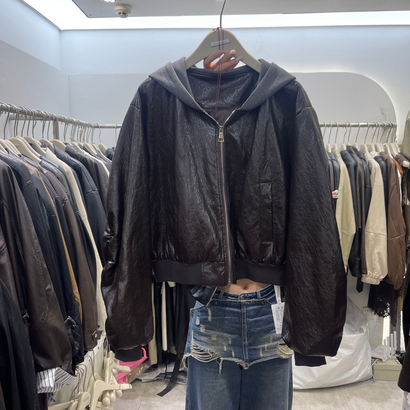 美式复古连帽皮衣外套女