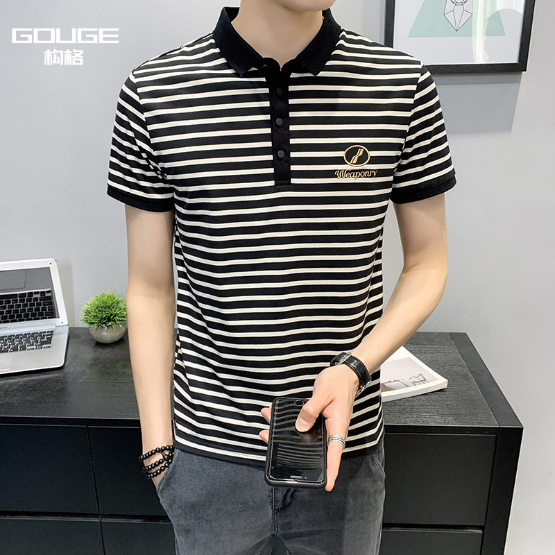 2020夏季新款韩版修身潮流翻领短袖T恤上衣帅气百搭条纹POLO衫男