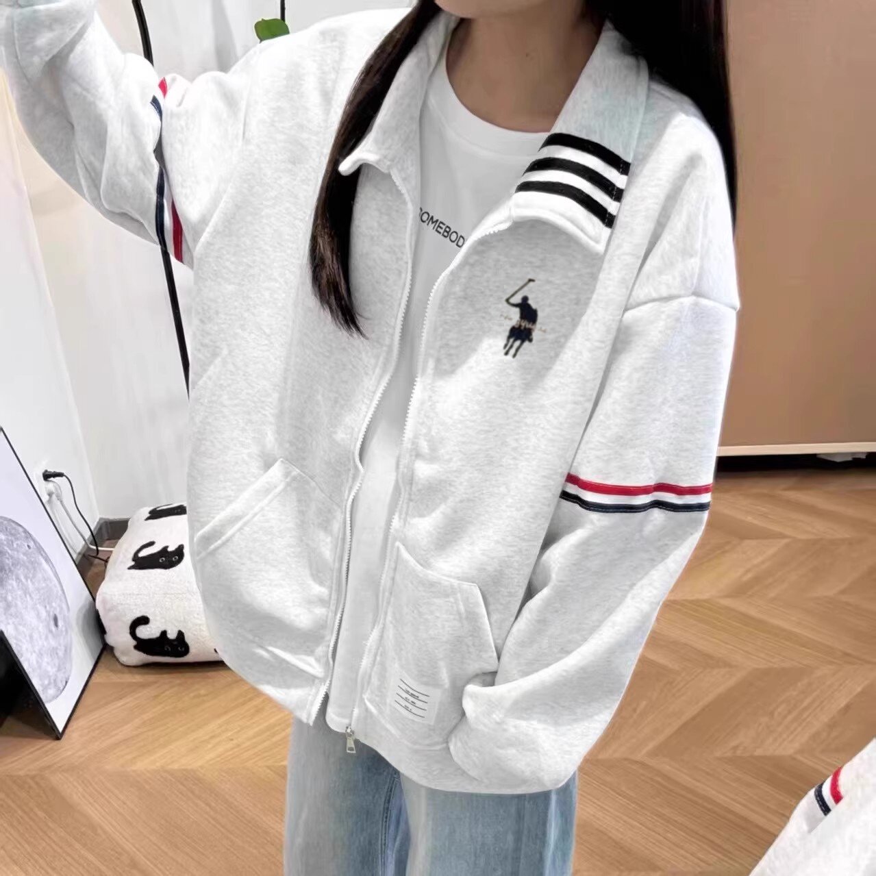 小马刺绣宽松拉链开衫立领外套棒球服女春秋新款潮牌情侣外套夹克