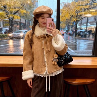 上衣 洋气羊羔毛皮毛一体小个子毛绒时尚 棕色麂皮绒外套女短款 冬季