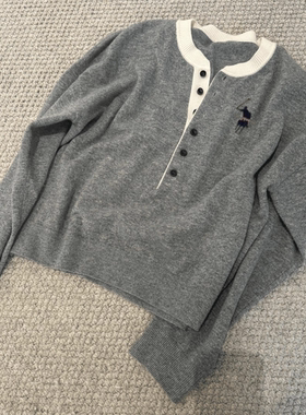 小马刺绣高级感灰色假两件v领针织衫女春秋宽松显瘦内搭毛衣上衣