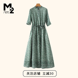 M2女装夏季新款仿真丝收腰显瘦中年妈妈短袖雪纺天丝连衣裙