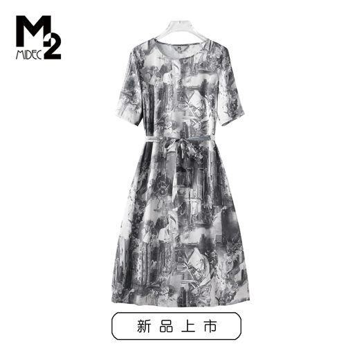 M2春夏新款印花圆领连衣裙
