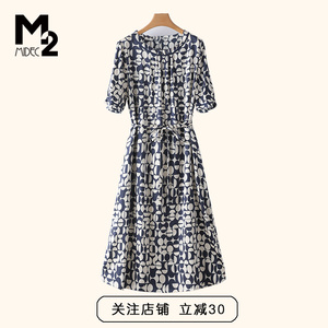 M2女装夏新款桑蚕丝裙子中年妈妈大码收腰短袖真丝连衣裙