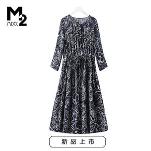 m2女装春秋新款中年微胖妈妈宽松大码直筒七分袖亚麻连衣裙