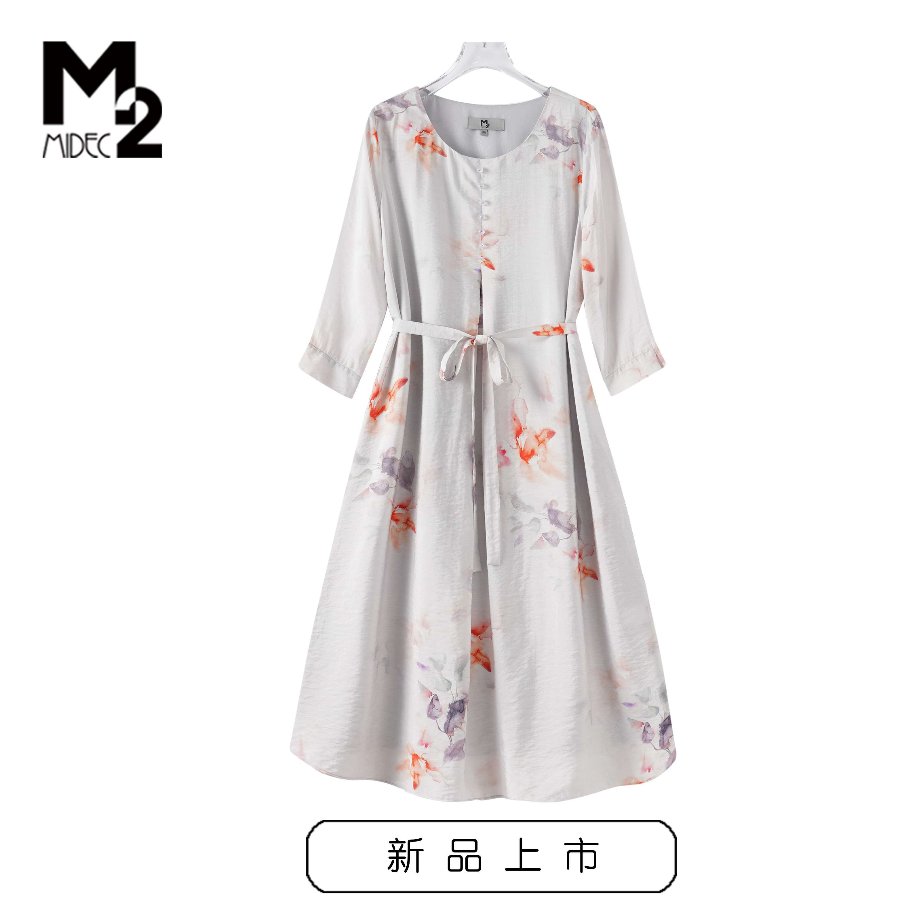 M2预售2024年春夏新款宽松大码系带收腰显瘦中年妈妈中袖连衣裙