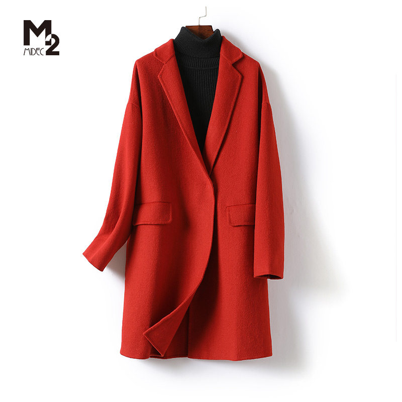 M2【断码清仓】女装品牌折扣宽松大码红色抗皱经典羊毛大衣外套