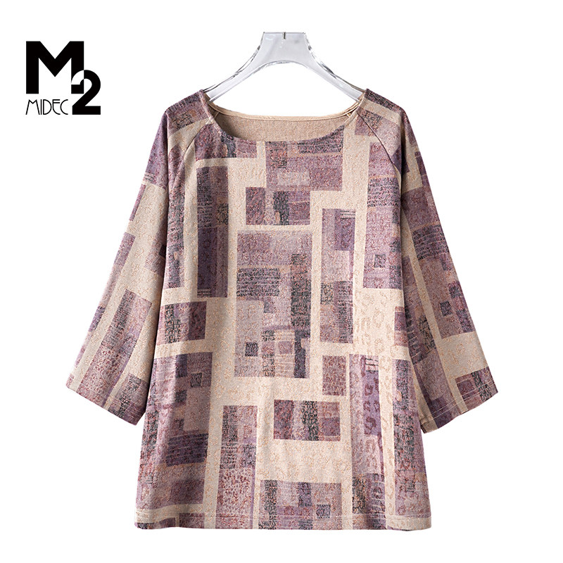 M2女装春秋新款宽松加大码中老年胖妈妈T恤针织提花九分袖小衫