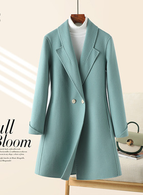 M2女装2025年冬季新款羊毛呢外套大码收腰绿色中长款双面呢大衣