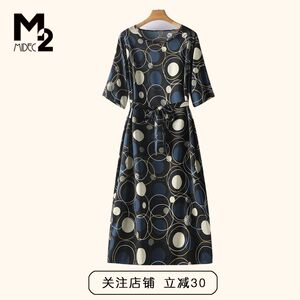 M2女装夏款花印宽松大码桑蚕丝微胖中年妈妈短袖真丝连衣裙