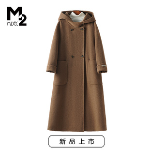 【断码清仓】M2女装宽松大码中年中长款连帽毛呢双面呢羊绒大衣