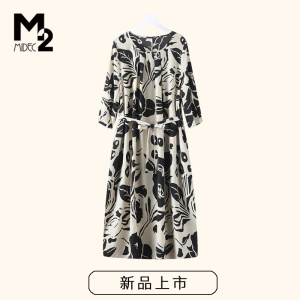 M2女装春秋新款宽松大码微胖中年妈妈七分袖雪纺直筒连衣裙