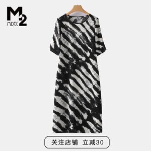 M2女装夏新款时尚宽松大码显瘦中年妈妈短袖花印雪纺连衣裙
