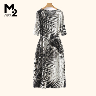 显瘦中年微胖妈妈短袖 宽松大码 花印雪纺连衣裙 夏新款 M2女装