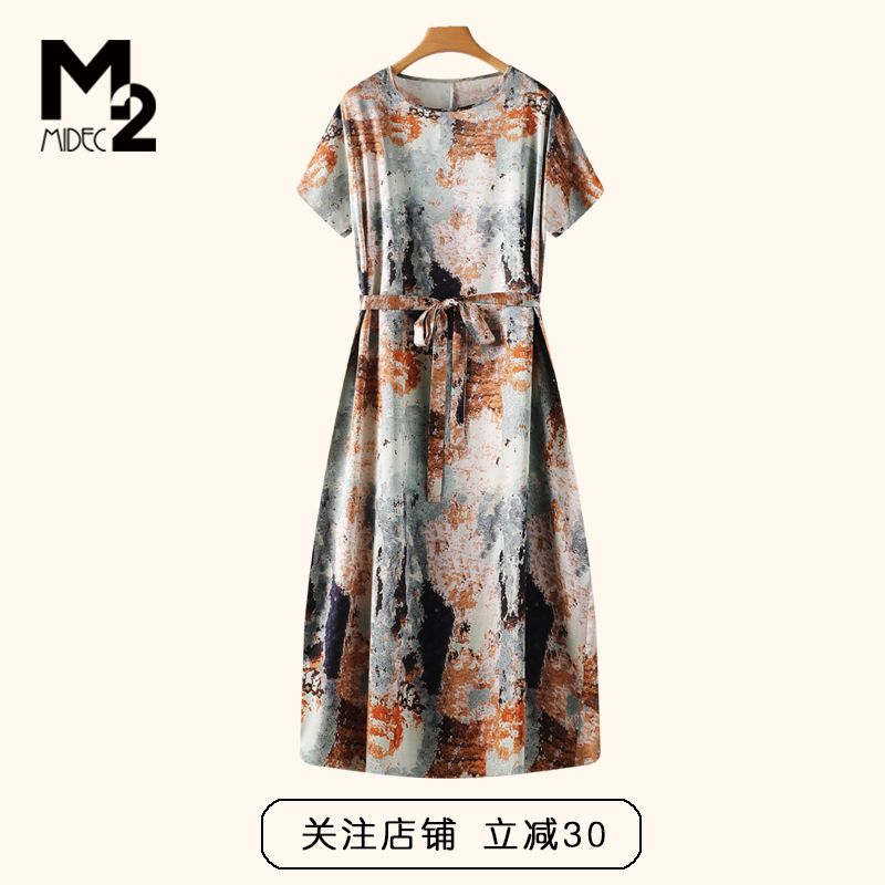 m2女装2025年夏新款宽松大码显瘦印花妈妈短袖桑蚕丝真丝连衣裙